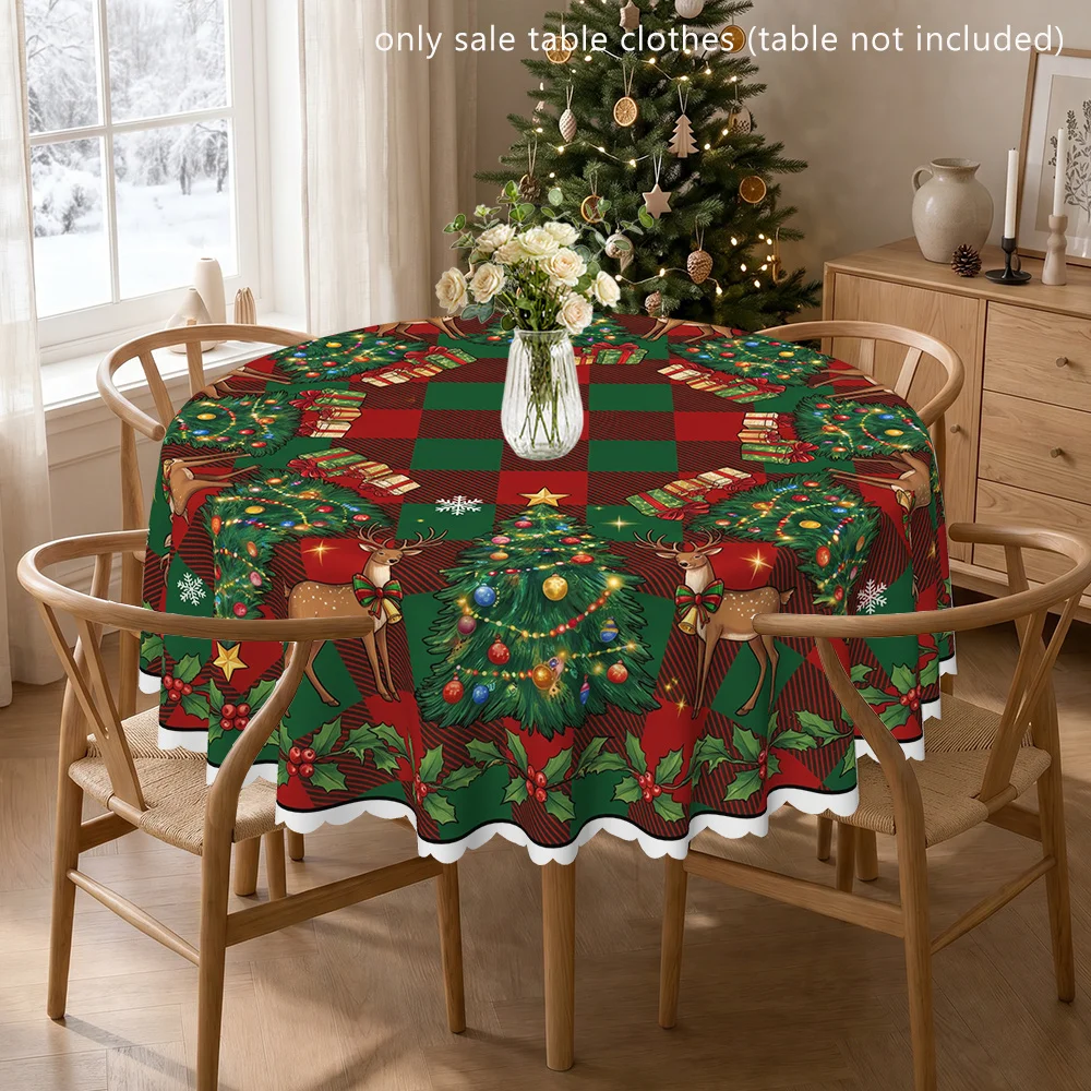 Christmas reindeer and tree polyester printed tablecloth, round table cover, suitable for indoor and outdoor use, parties