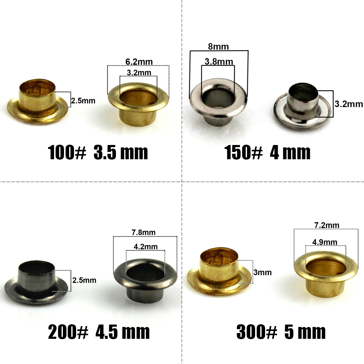 100sets 4mm Brass Eyelet with Washer Leather Craft Repair Grommet Round Eye Rings For Shoes Bag Clothing Leather Belt Hat