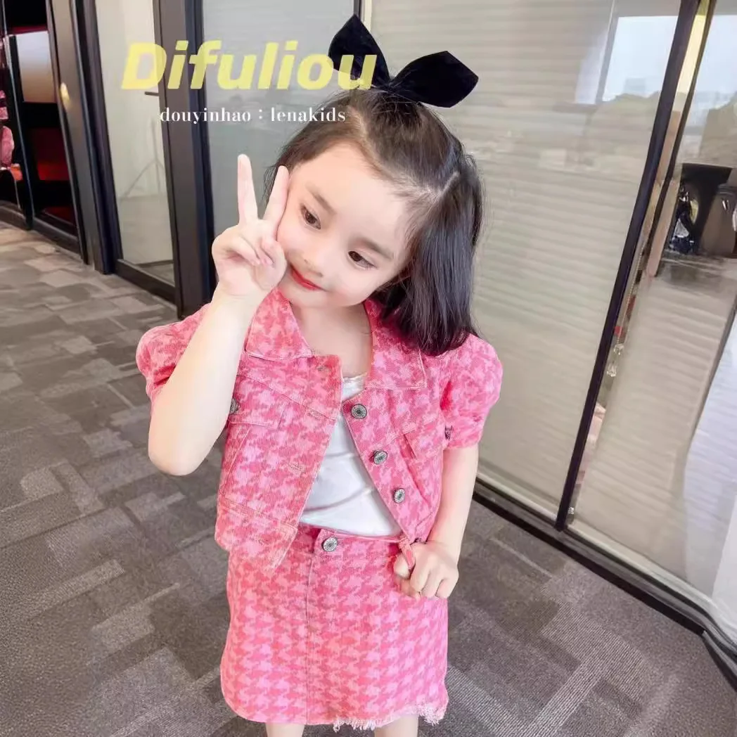 Spring/Summer New Children's Wear Girl's Fashion Thousand Bird Grid Short Sleeved Top With Half Skirt Set