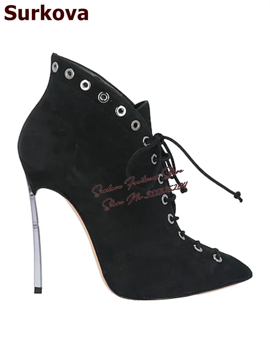 

Surkova Silver Metal Blade Heel Ankle Boots Black Suede Pointed Toe Short Booties Lace-Up Elegant Banquet Shoes
