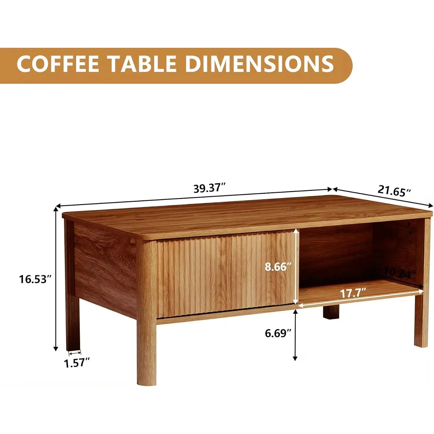 Coffee Table with Dual Storage Shelf, Storage Centerwith Waveform Panel Sliding Door Dining Table for Living Room Apartment