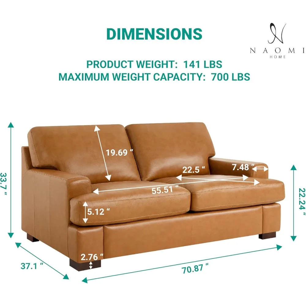 Siggy Genuine Leather Loveseat - Luxurious Comfort, Goose Feather Cushion Filling, Square Arm Design, Sturdy Block Leegs