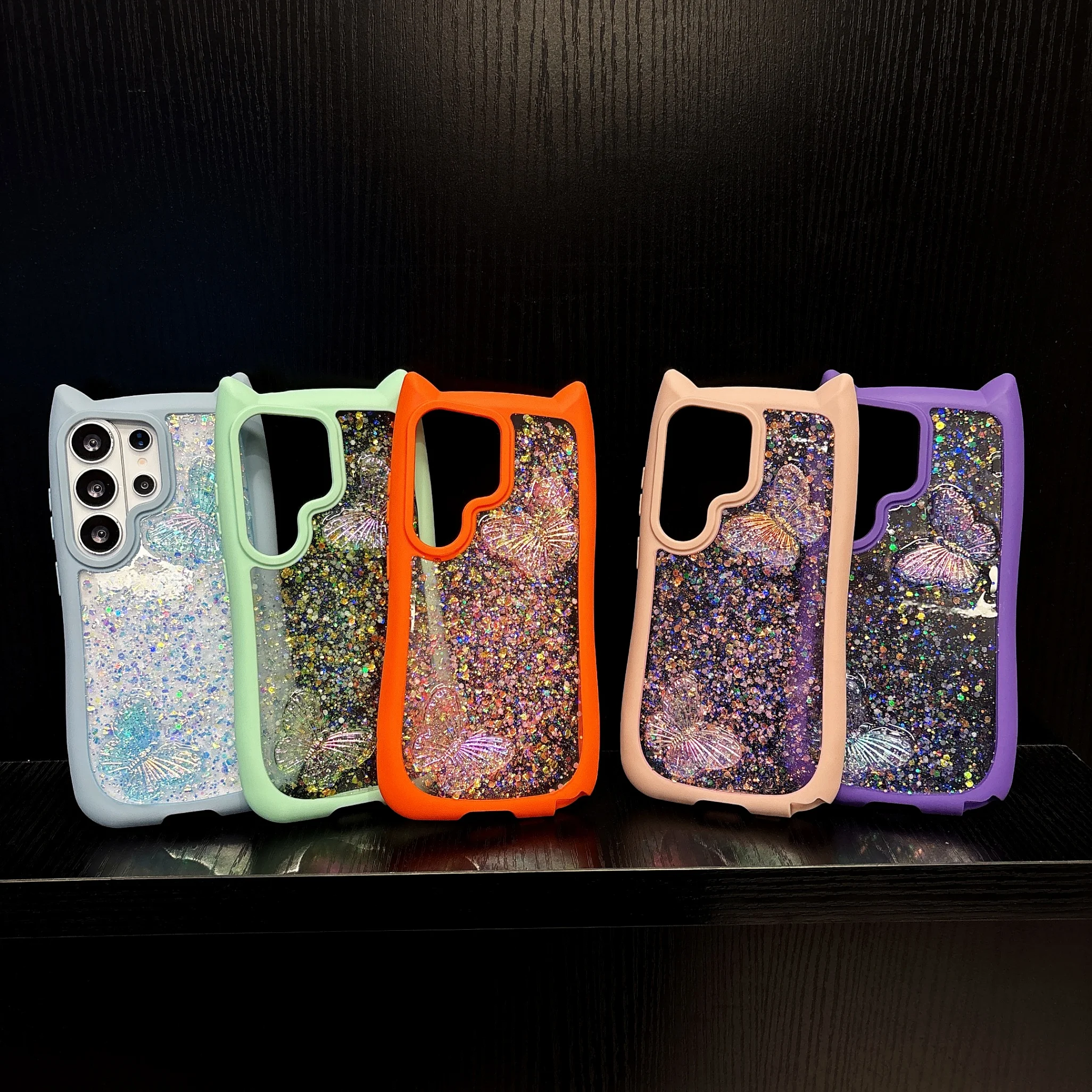 For Samsung Gaxaly S26 Ultra S26 Edge S25 Plus S23 S24 Case ins Epoxy Glitter Butterfly Clear Cat Ear Protective Phone Cover