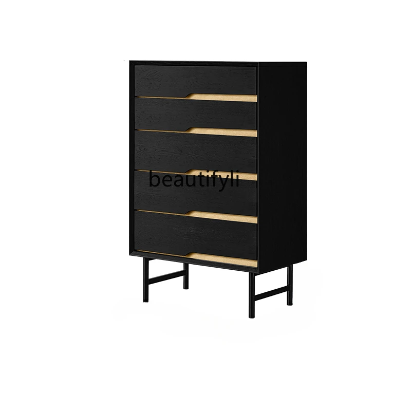 Furniture Chest of Drawers Solid Wood Ash Black Living Room Storage Drawer Locker Master Bedroom Side Cabinet Bed Front Cabinet