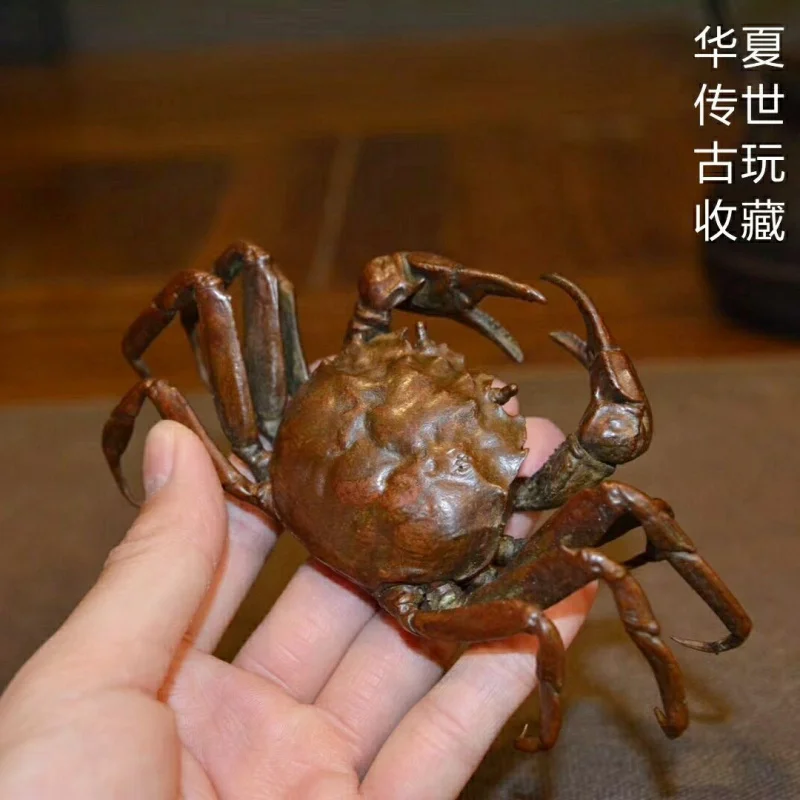 Solid pure large crab figurine, small decorative , item, copper tea pet, hand-held piece