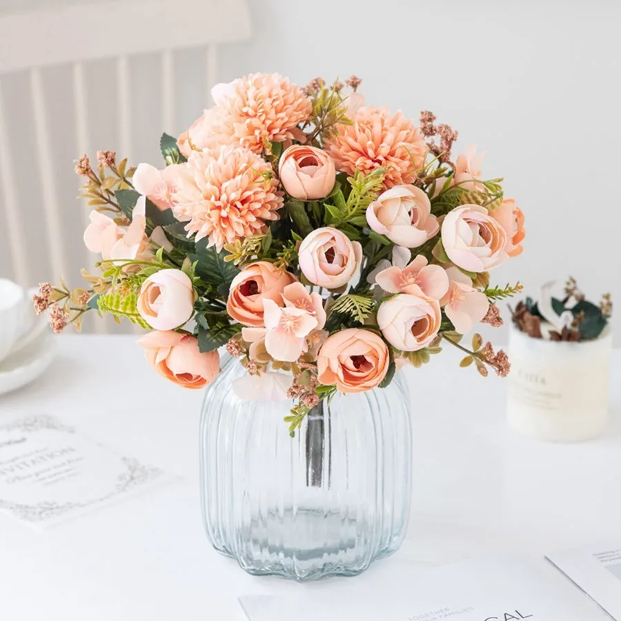 Artificial Flowers Tea Rose Buds Bouquet Diy Candy Box Vase for Home Decor Valentine Garland Wedding Silk Hydrangea Fake Flowers