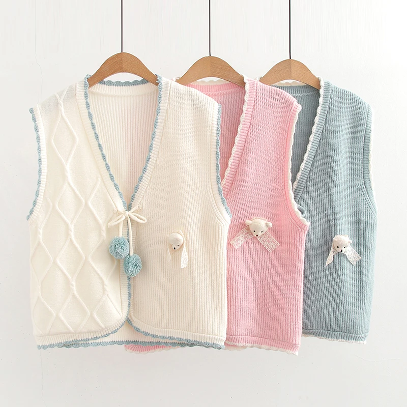 

New Spring Autumn Cartoon Three-dimensional Bear Knitting Vest Women Clothing Pink Girl Heart Sweet Cute Vest Sweater U068