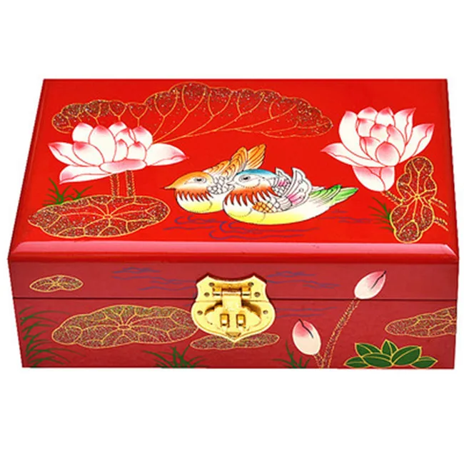 

Chinese Handwork Retro Lock Wood Box 2 Layer Wedding Swan Painting Jewelry Box with Mirror Gorgeous Display Boxes Storage Case