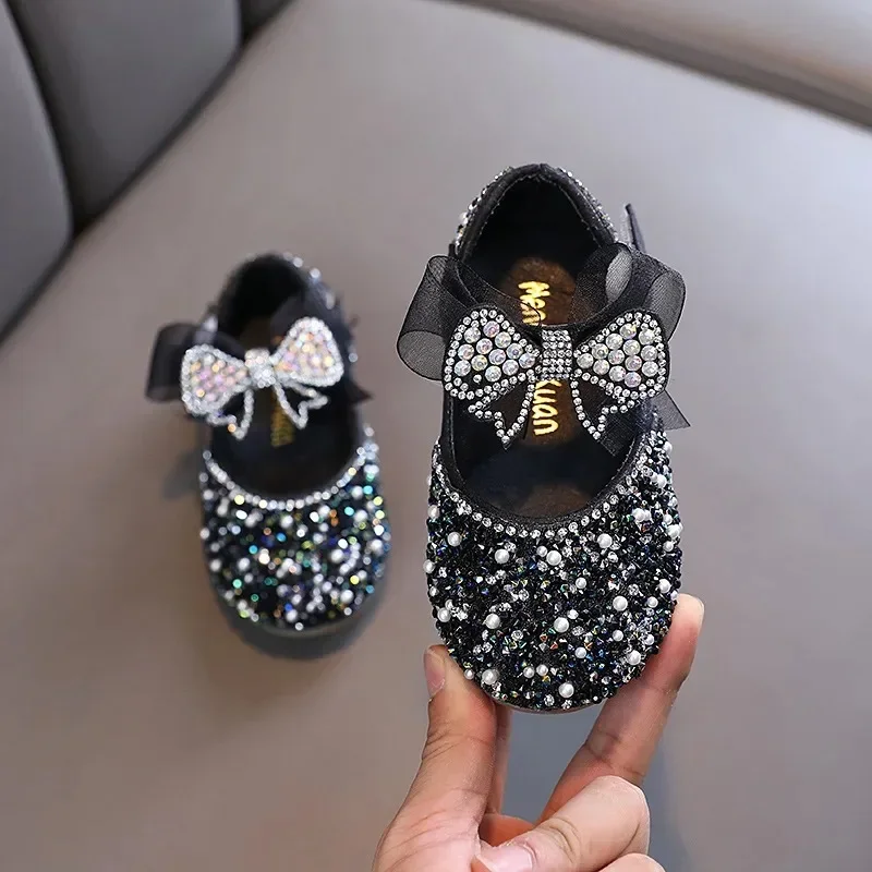 Children\'s Summer Fashion Sequined Shoes Girls Cute Rhinestone Pearl Bowknot Princess Shoes Wedding Shoes Flat Heel Sandals