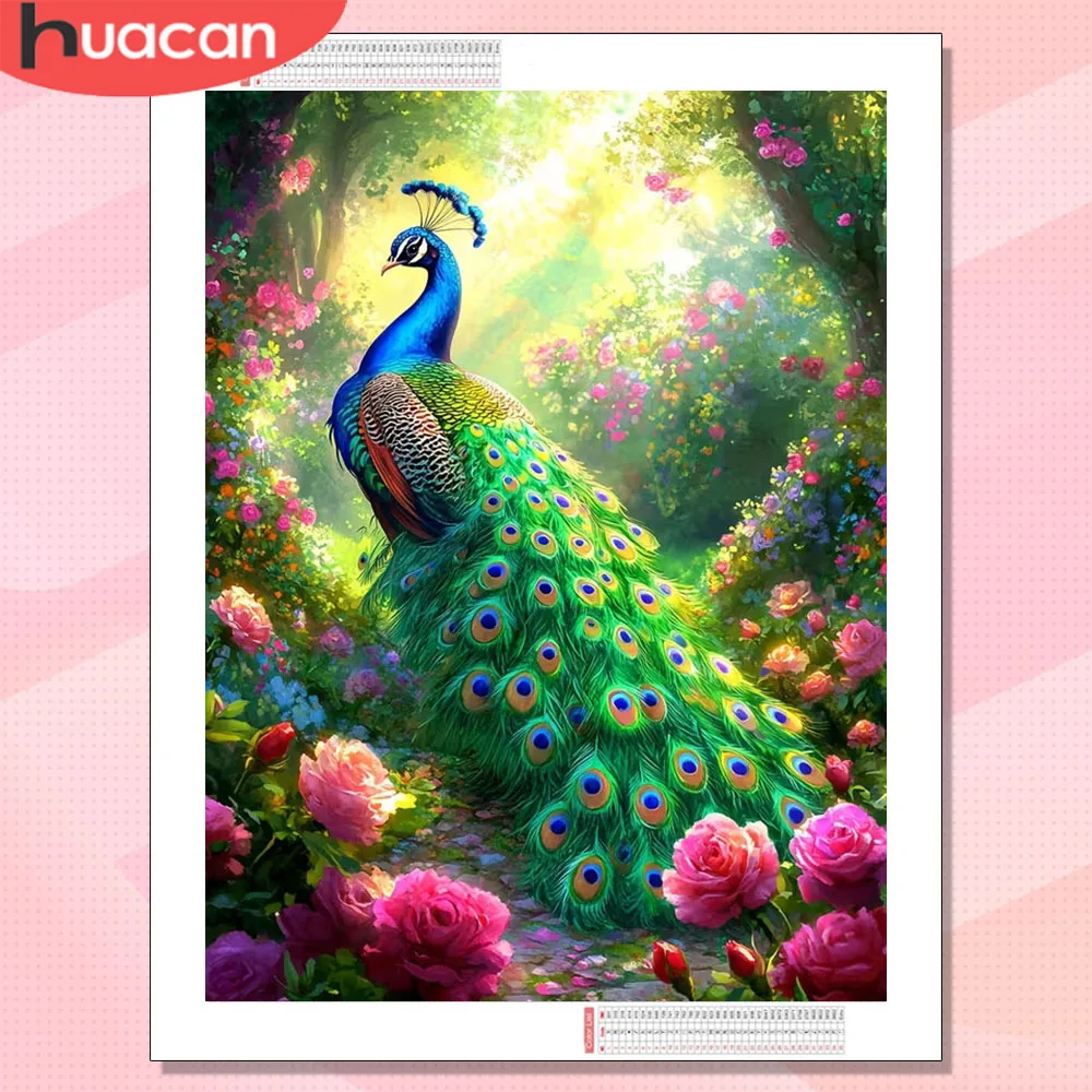 HUACAN Diamantmalerei Pfau Tier Vollquadratisch Rund Aufgenäht Einzigartiges Geschenk Strass-Kunst-Set Pfingstrose Rosenblüte
