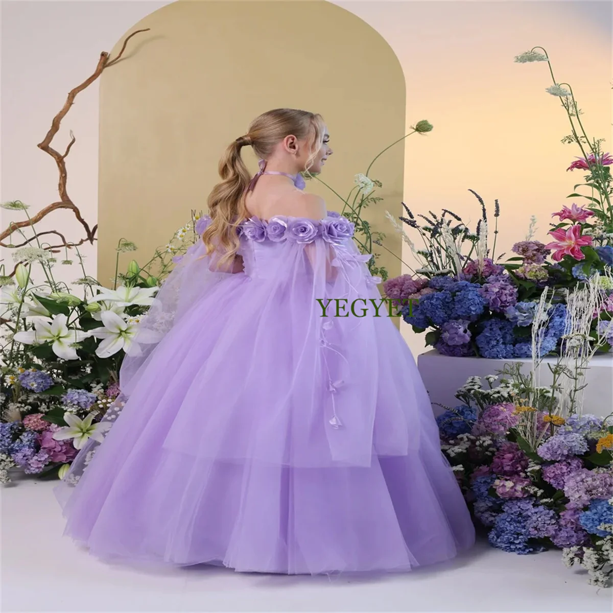 

Lavender Flower Girl Dress 3D Flowers Fluffy Birthday Formal Wear Event Celebration Banquet Custom Princess Kids Gifts