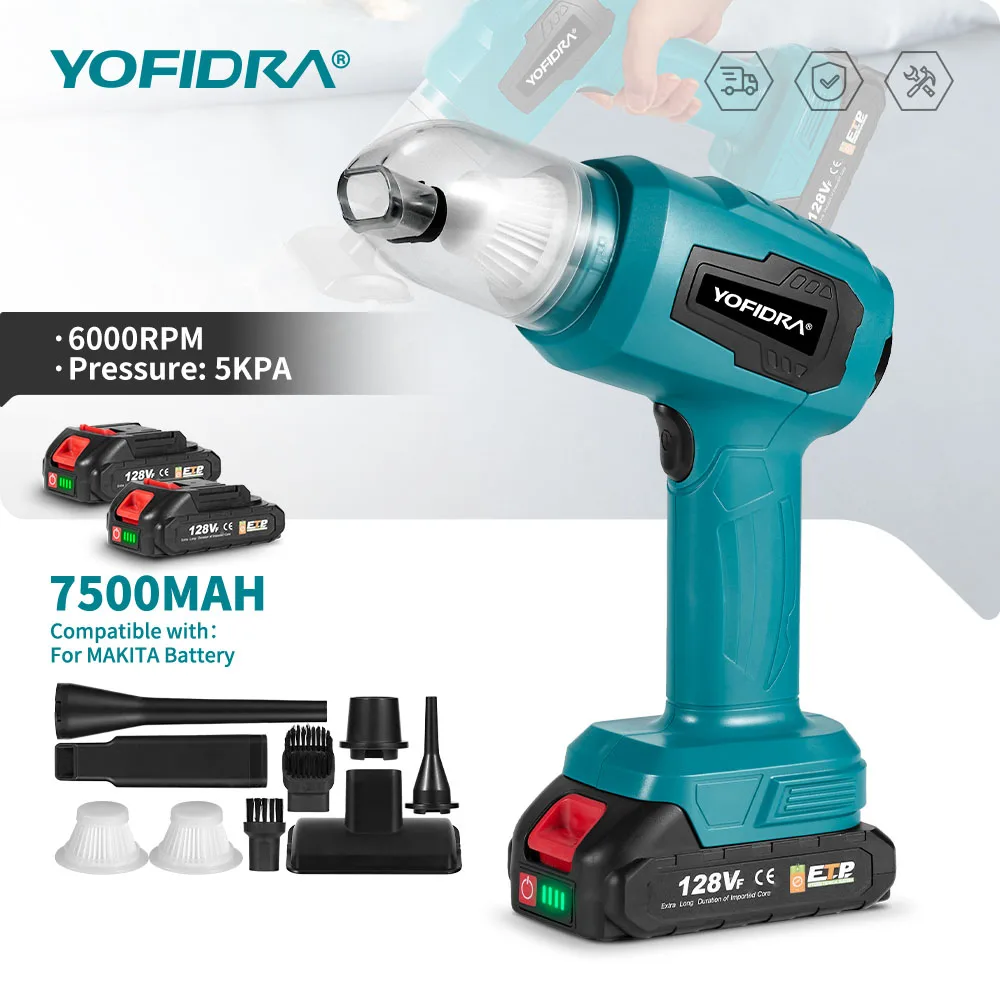 YOFIDRA Cordless Electric Vacuum Cleaner Blow Suction Dual Use Portable Rechargeable with 7 Accessories For Makita 18V Battery