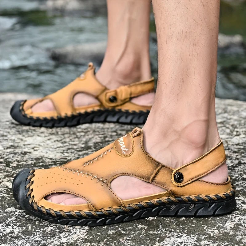 Men's First-layer Cowhide Upper Near-toe Breathable Sandals, Comfortable Non-slip Rubber Soles And Durable Beach Water Shoes