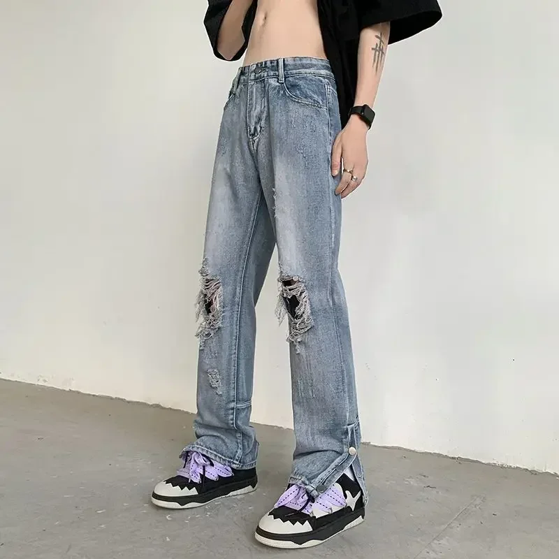 PantsNew Style Retro Street Fashion Design Men Jeans 2024Spring Loose Straight Ripped Pants High Waist Wide Leg Denim Trousers