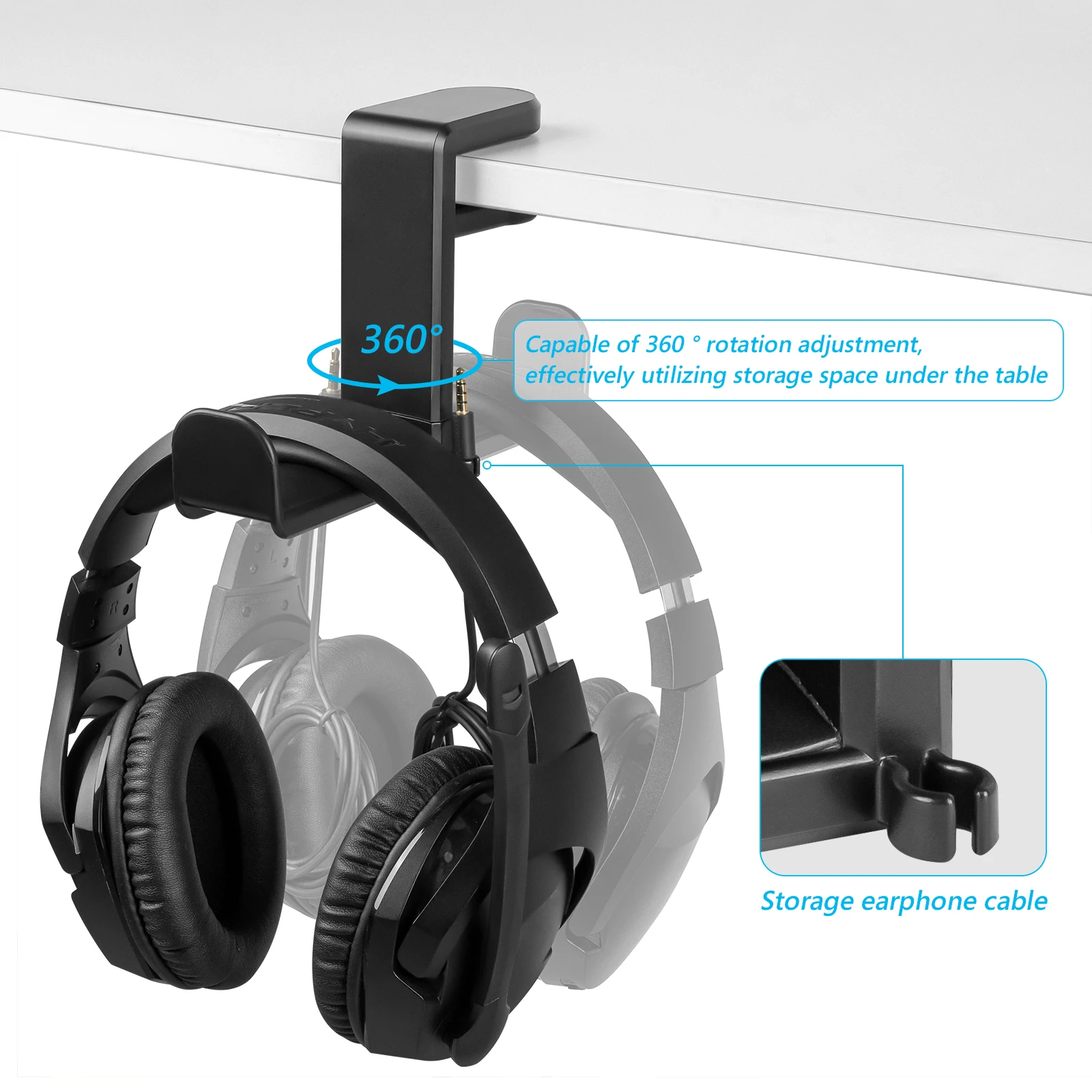 Geekria Gaming Headset Headphone Hook Stand, Under-Desk Headphone Stand Mount Holder with 360° Rotation Adjustable