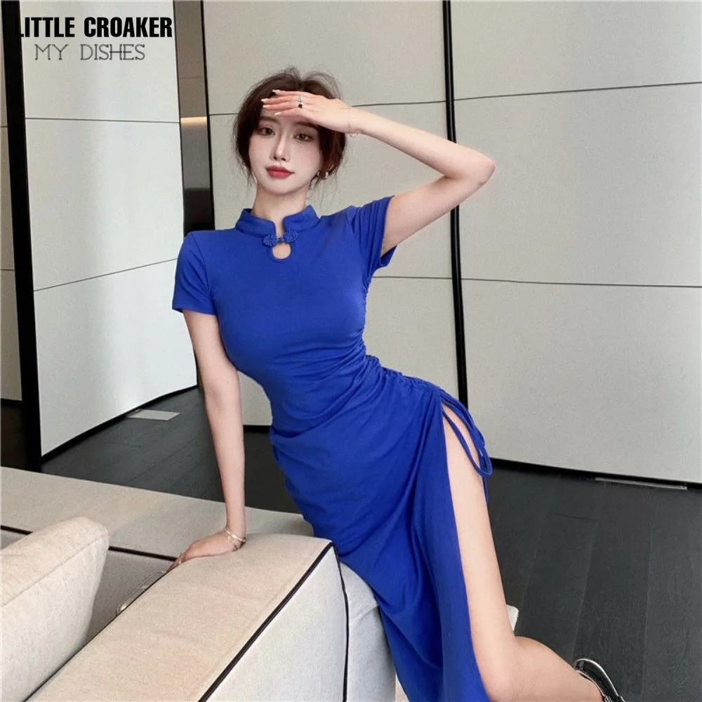 300kg Fat Mm Sexy Drawstring Dress Women's Chinese Summer Cheongsam Large New Style Qipao Improved Split Wrap Hip Long Dress