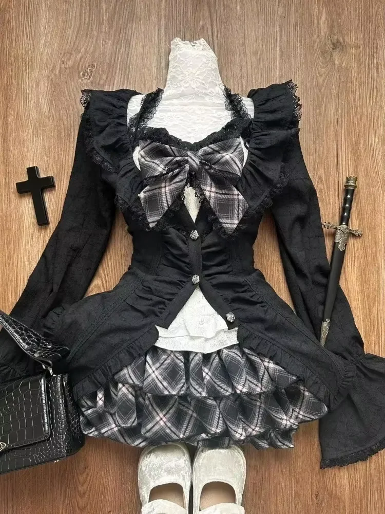 Japanese Sweet Preppy Style 2 Piece Set Women Kawaii Lace Patchwork Bow Tops + Y2k Plaid Mini Skirt Elegant Fashion Outifits New - Image 2