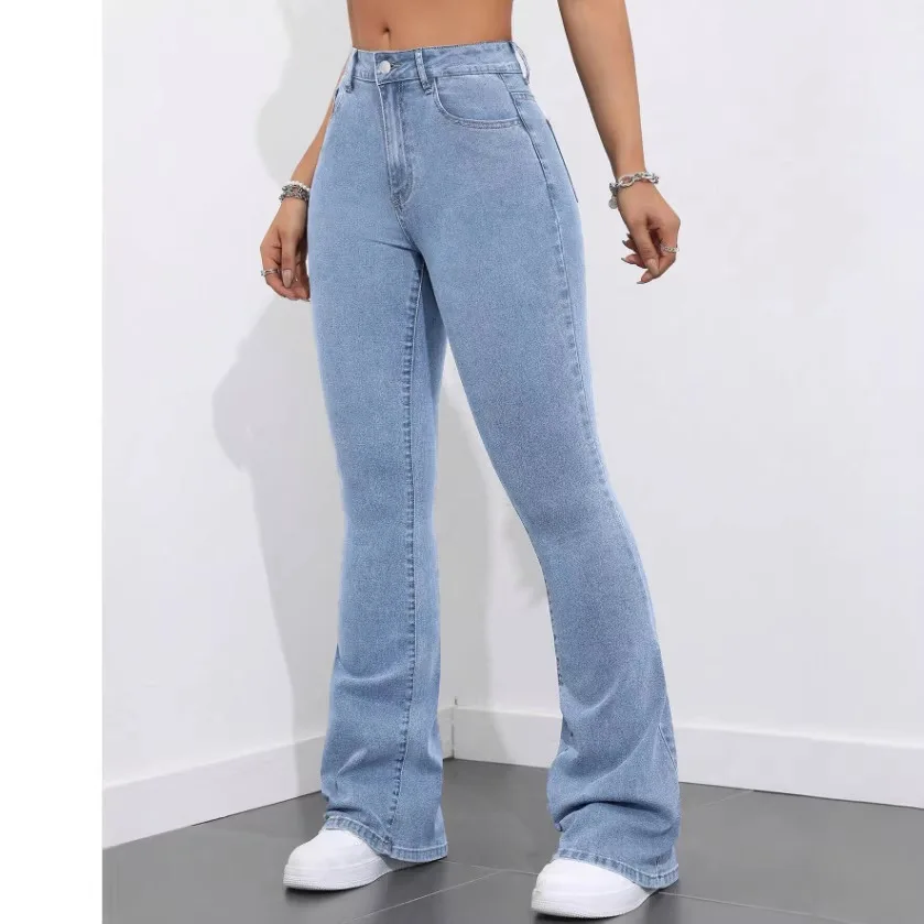 

Slimming High Waist Bell Bottom Jeans Women's Summer Fashion Trend Light Blue Denim Thick Elastic Cotton Fleece High Waist
