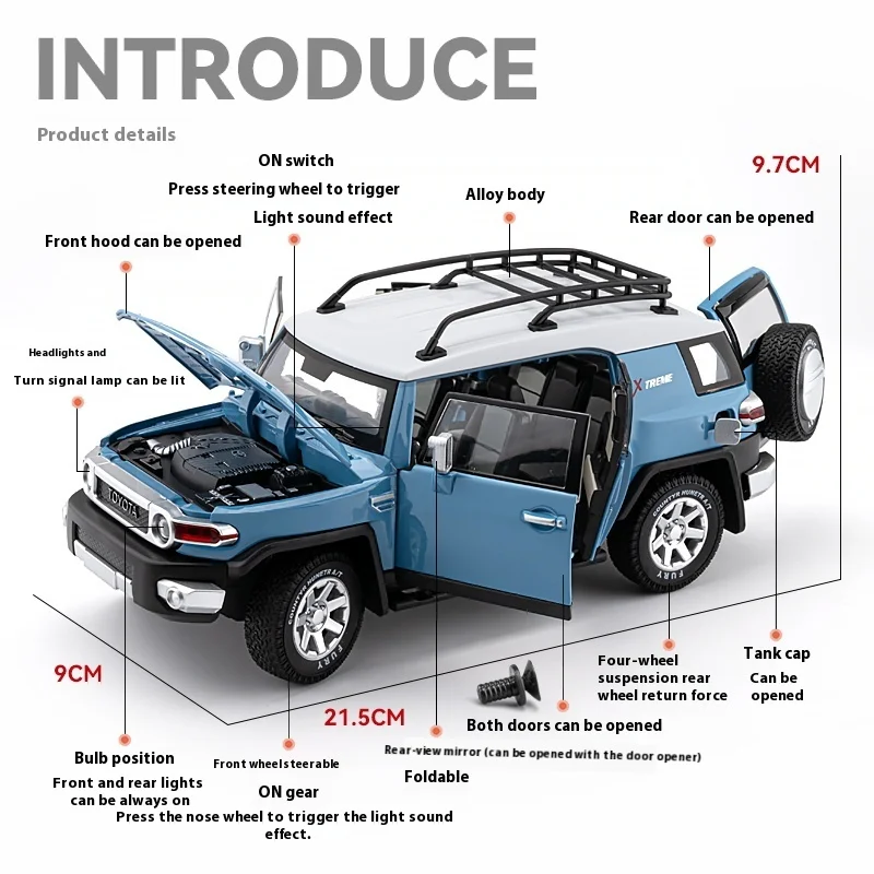 1:24 TOYOTA FJ Cruiser SUV Alloy Metal Diecast Car Model Hobby Sound & Light Simulated Ornaments Decoration Collection Gift Kids