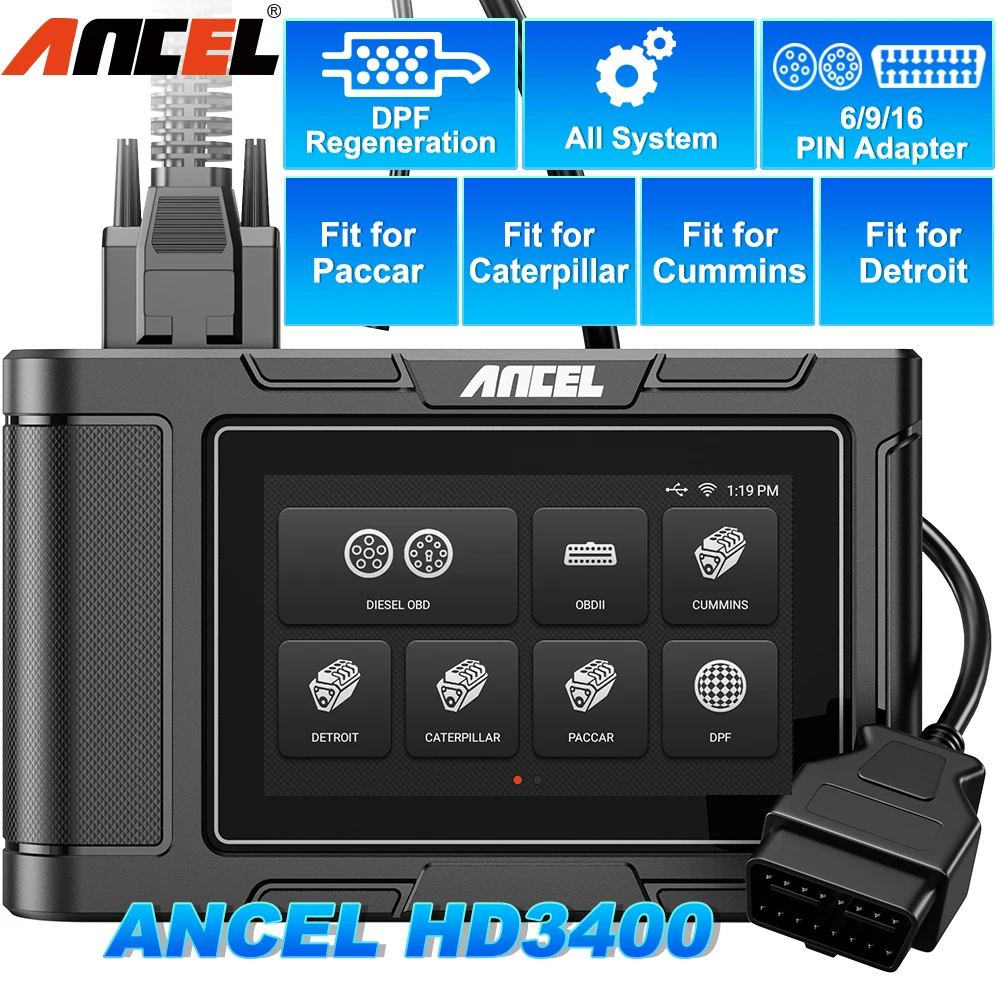 ANCEL HD3400 OBD2 Truck Scanner Full System Diagnostic Engine Analyzer D.PF Regeneration for Cummins for Caterpillar Car Scanner