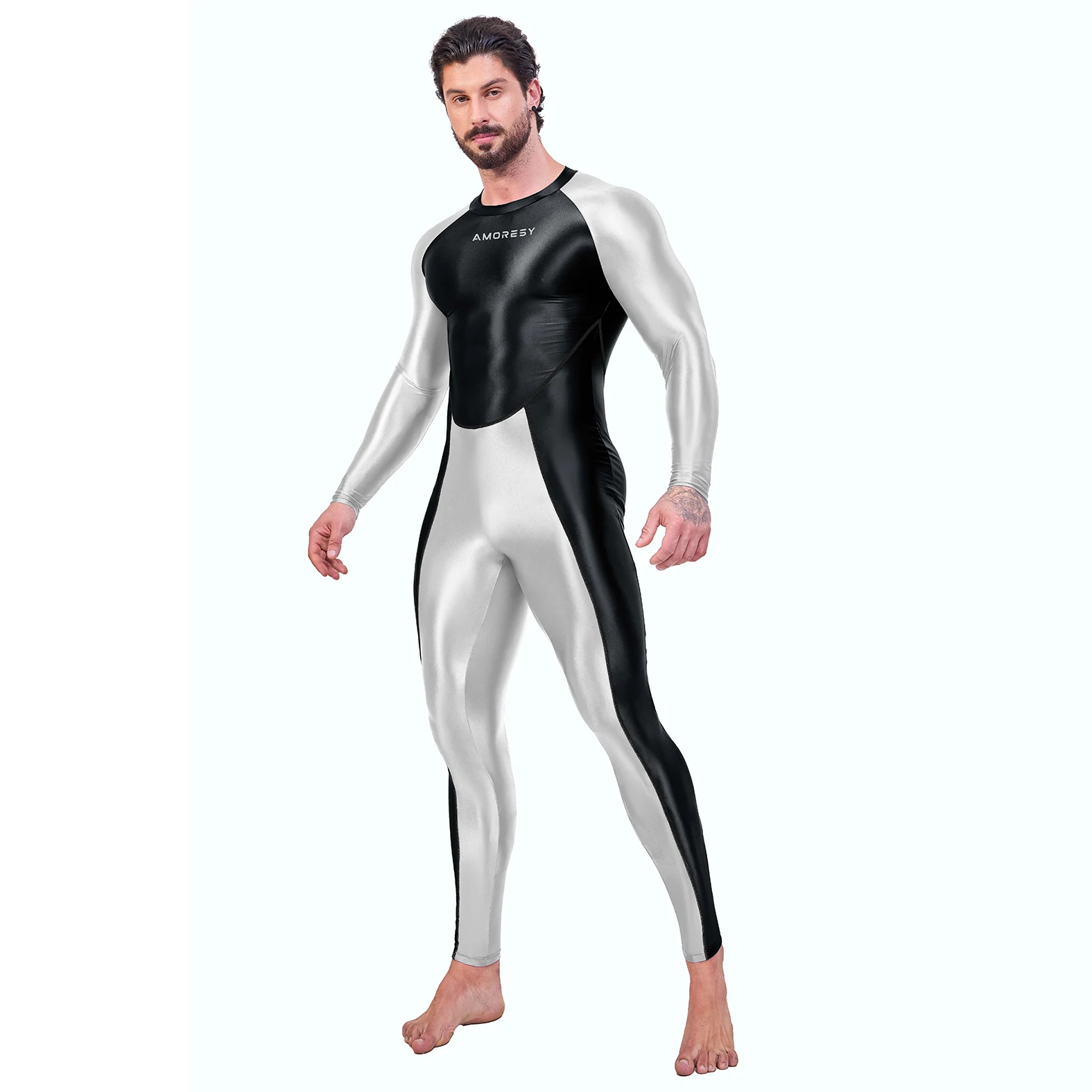 AMORESY Uomini Caldi Sexy One Piece Pelle Tuta Cosplay Catsuit Tute Stretch Bodystocking Spandex Zentai Suit