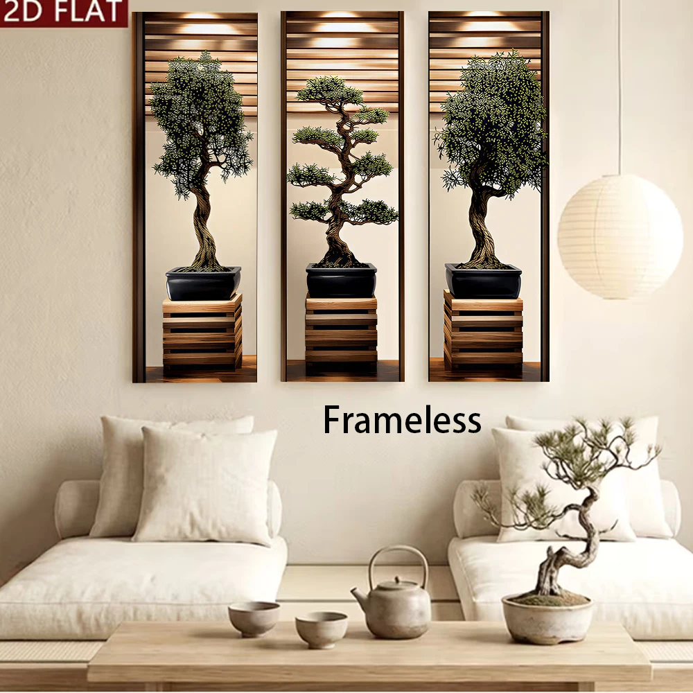 1 set of new Chinese style triptych frameless wall stickers, Zen inspired bonsai, home murals, self-adhesive waterproof, modern