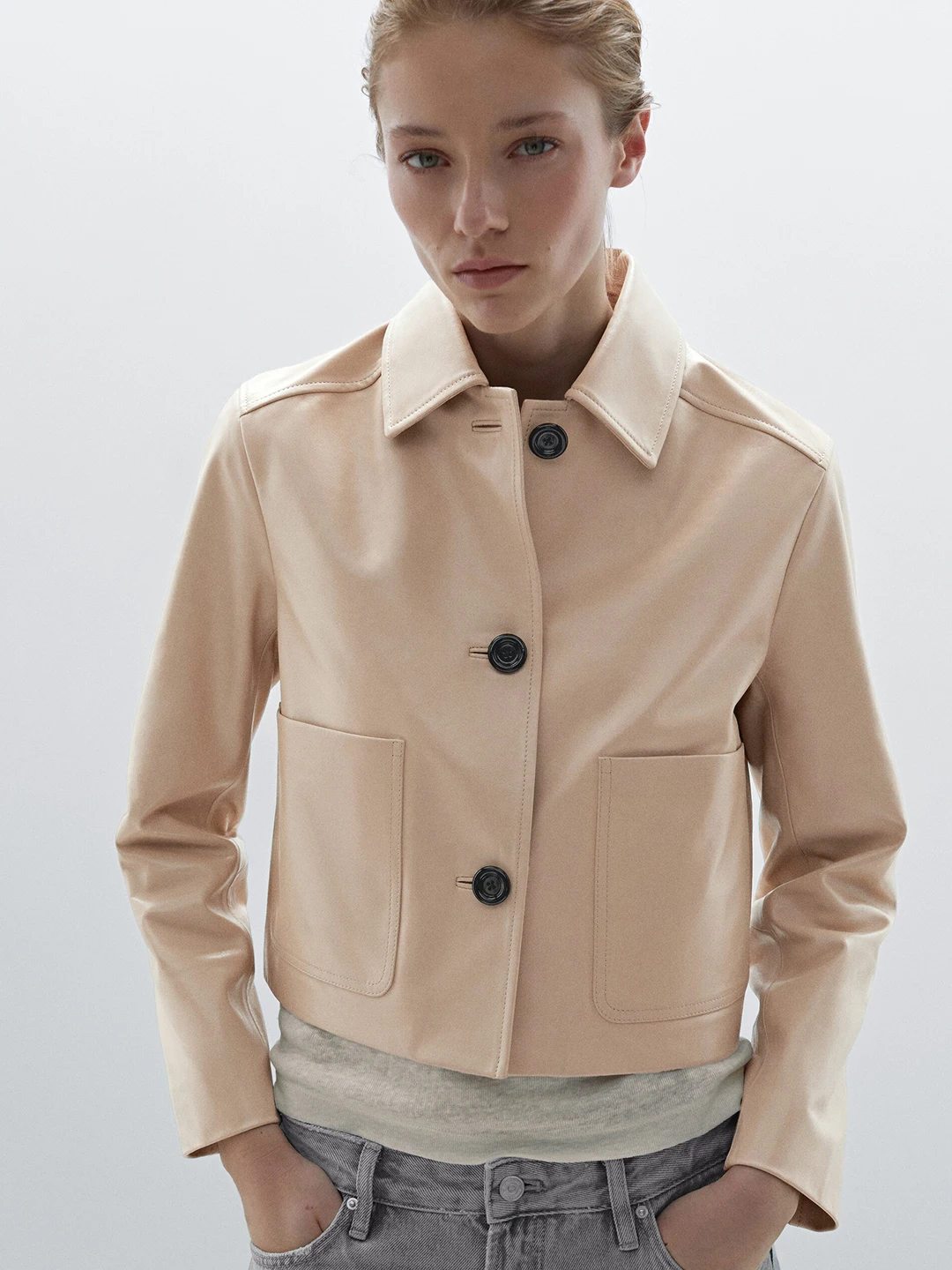 معطف Ele Pure Color ort Leather Jaet MD للسيدات لخريف جديد غير رسمي منقوع Faion بسيط بأزرار لأعلى