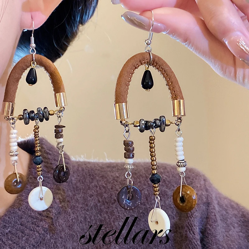 

Leather Coconut Shell & Wood Teardrop Tassel Ear Hooks Vintage Ethnic Style Temperamental Niche High-End Women's Jewelry