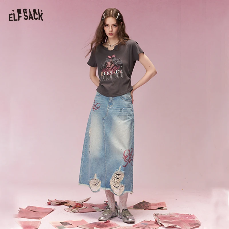 

ELFSACK Sweet Cool Distressed Ripped Bow Embroidered Denim Skirt For Women