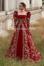 Red Princess Pakistani Wedding Dresses Fairy Puffy Long Sleeve Gold Applique Beaded Crimson Queen Caftan Bridal Gown