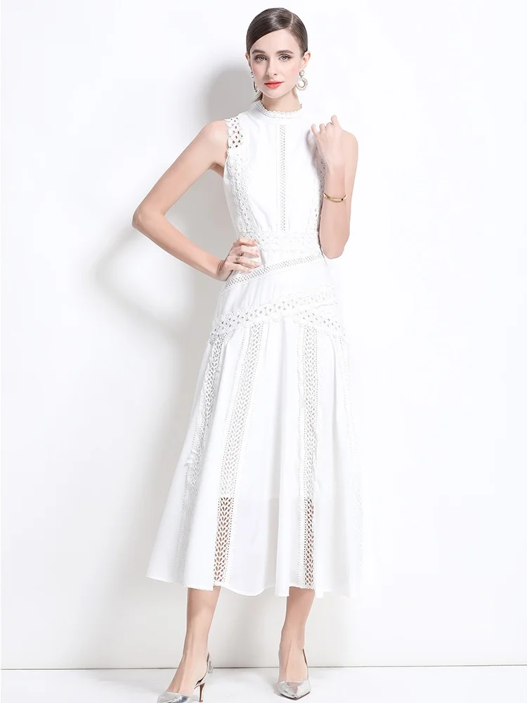 SMTHMA New Fashion European Lace Hollow Out Design Runway Dress Women's Sleeveless Stand Collar Slim Waist Long Dress Vestidos
