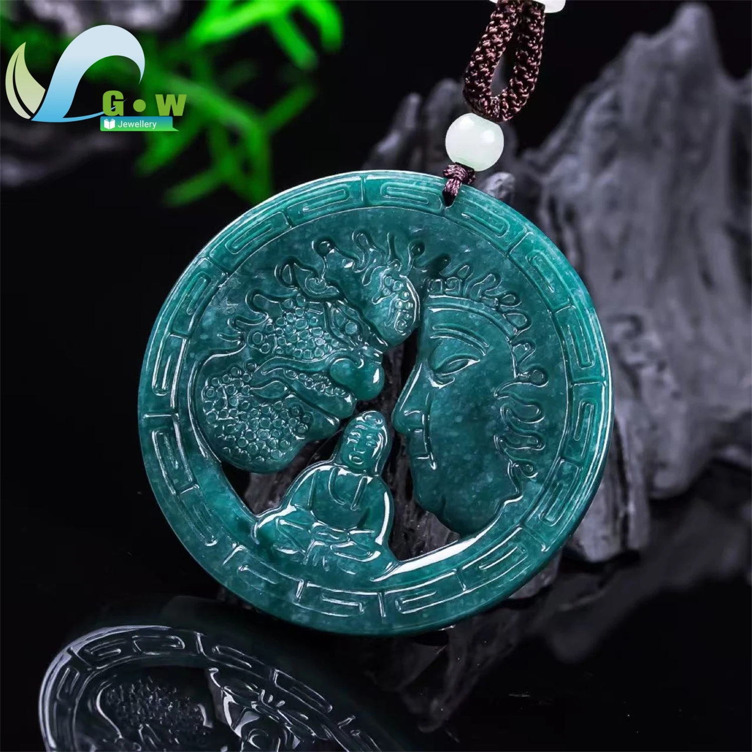 Natural Grade A Jadeite Black Ice Enlightenment Pendant Hanging Jade Amulet Necklace Unisex Carved Gemstone Jewelry Charm Gift