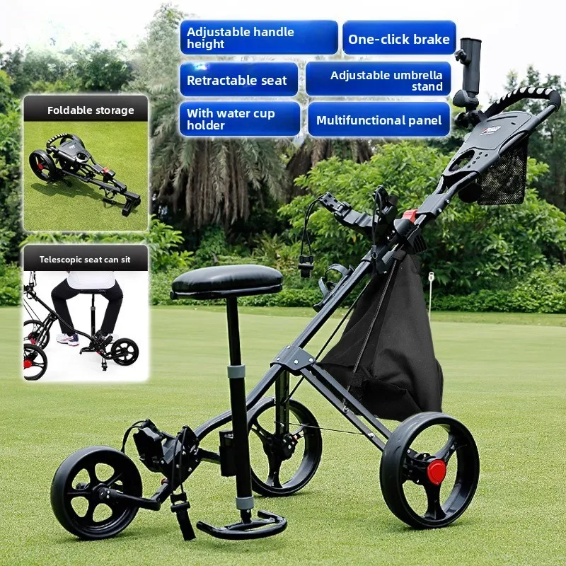 Costom Golf three-wheel bag trolley with brake foldable storage bag umbrella holder water cup holder with seat