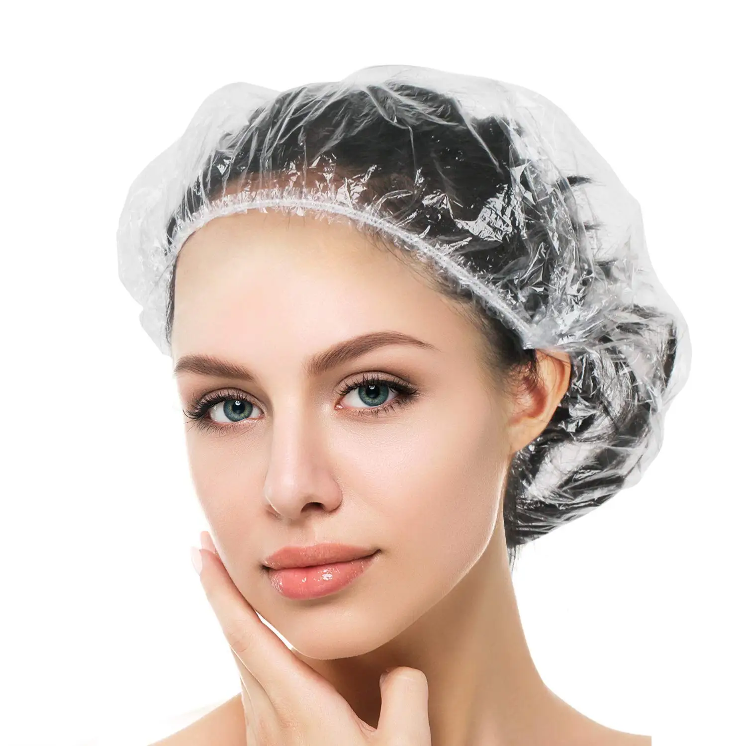 100pcs 15 Inch Waterproof Thickening Elastic Clear Bathing Cap Salon Hotel Travel Disposable Plastic PE Shower Cap for Unisex