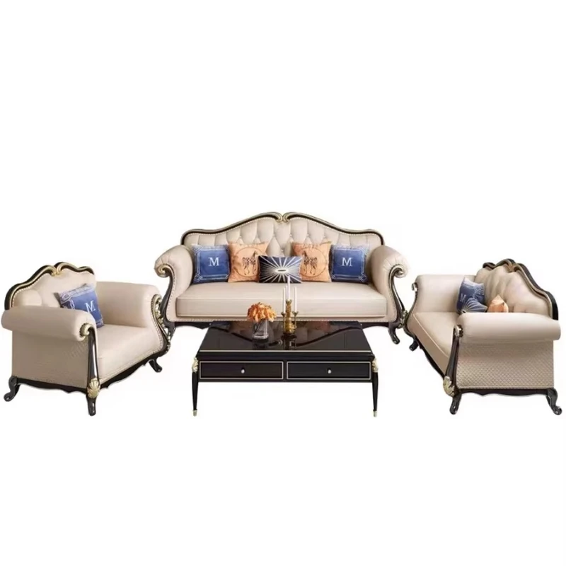 

American Light Luxury European Leather Sofa Combination Solid Wood Luxury Living Room High-end Furniture