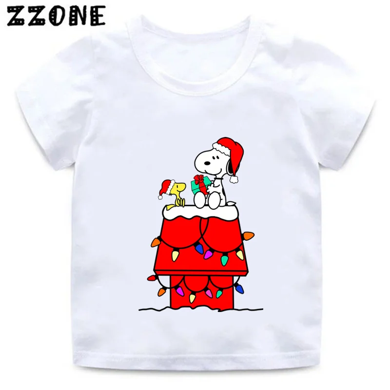 Merry Christmas Snoopy Cute Dog Santa Print Cartoon Kids T-Shirts Girls Clothes Baby Boys T shirt Summer Children Tops,ooo5914