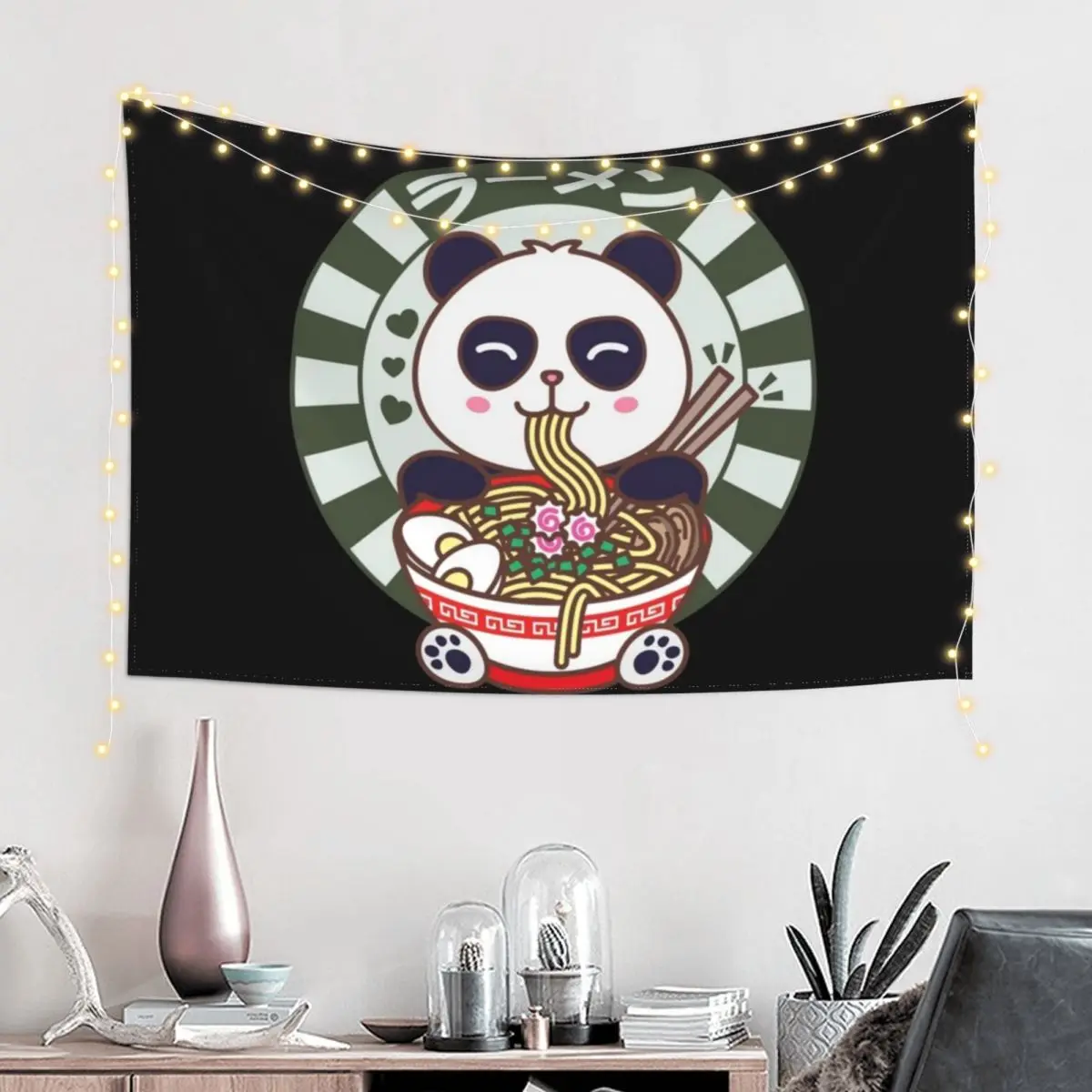 Kawaii Panda Eating Japanese Ramen Noodles Tapestry Wall Decoration Items Bedroom Decor Aesthetic Tapestry