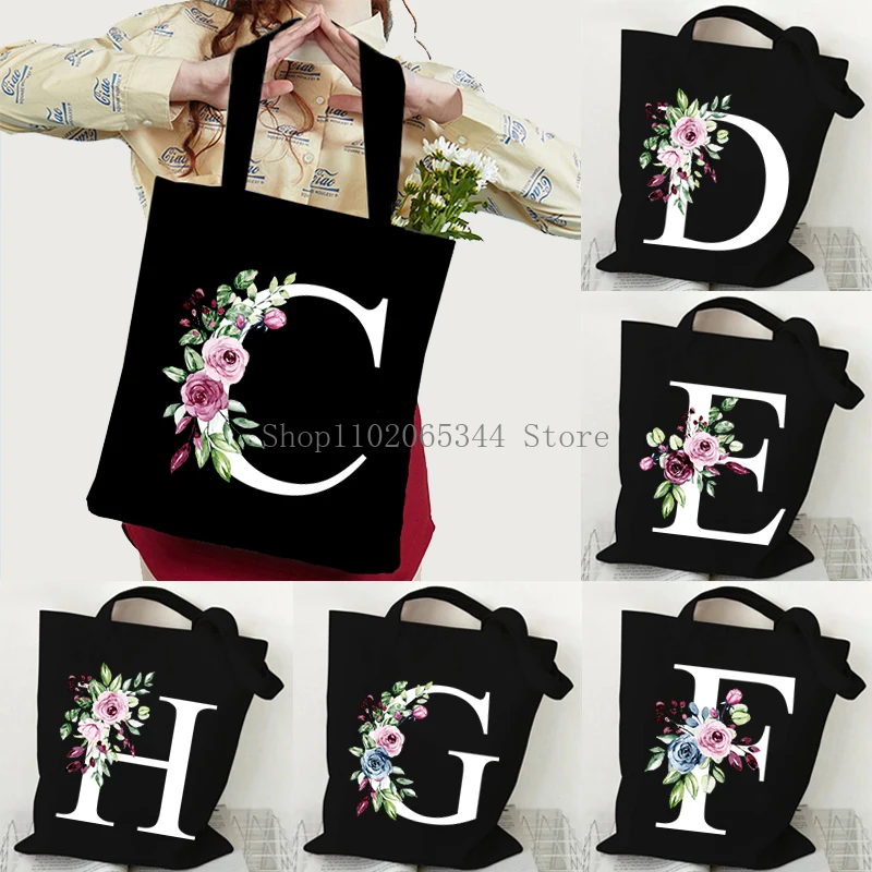 

1Pcs Women's A-Z 26 Alphabet Tote Bag Canvas Flower Trend Letter Large Capacity Commuter Bag Convenient Practical Y2K Handbags