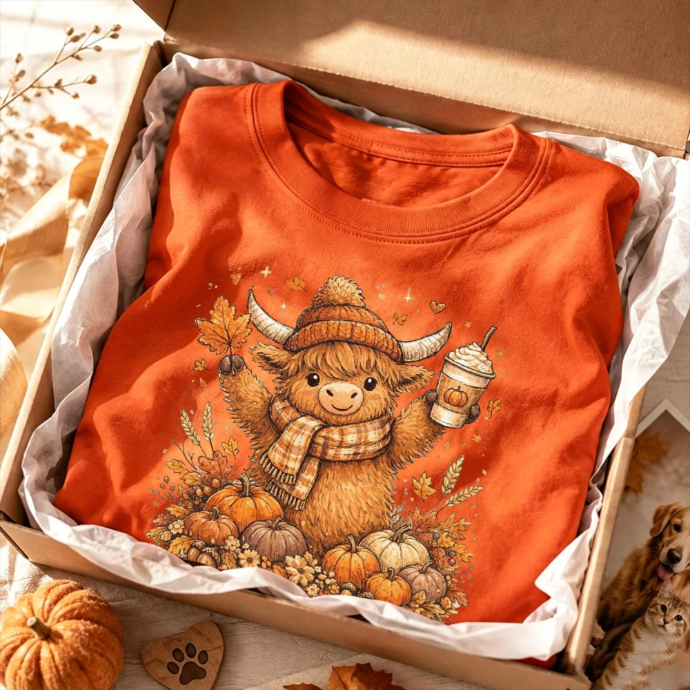 Highland Cow Beanie Scarf Coffee Pumpkin Graphic Women Casual Short Sleeve T-Shirt Fall Adorable Cozy Farm Animal Loungewear