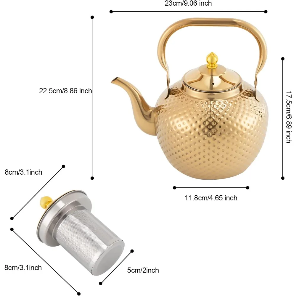 Gold 2L 201 Edelstahl-Teekanne mit Griff und Teesieb Geeignet für Induktionskochfelder – Detail 1