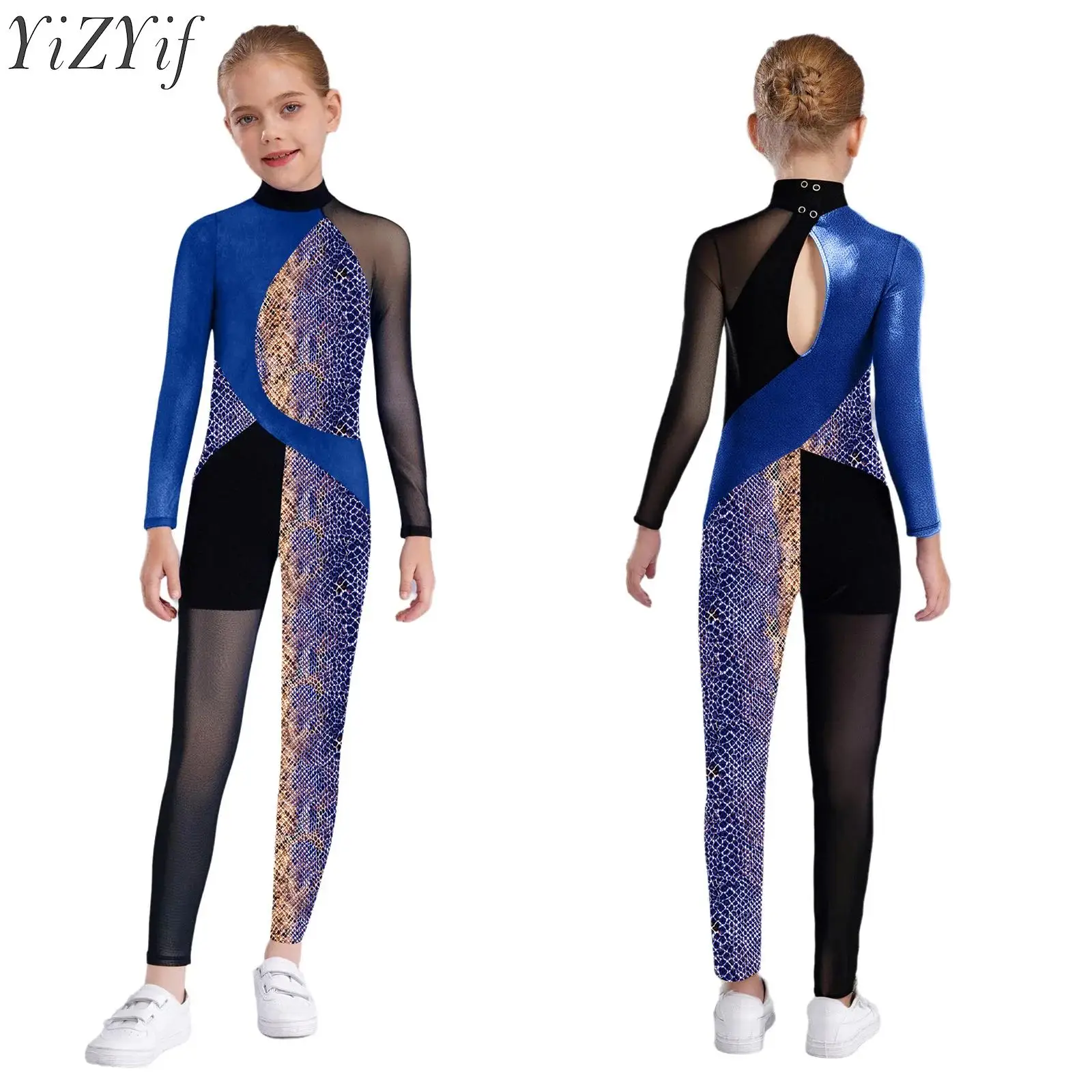 Kids Girls Ballet Gymnastics Jumpsuit Sports Leotard Long Sleeve Keyhole Back Metallic Snakeskin Color Block Patchwork Bodysuit