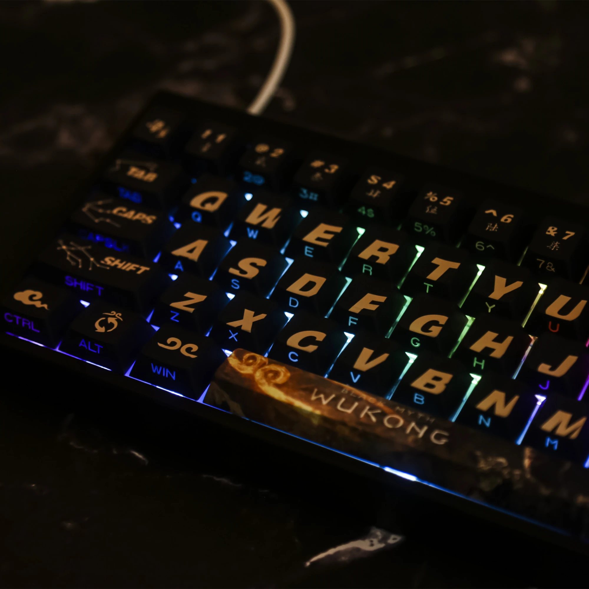 Preto Wyth Wukong Keycaps para teclado mecânico, PBT Cherry Profile, Backlight Contour, Side Print, Periféricos de jogos