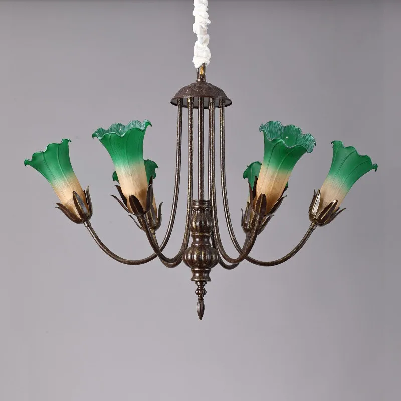 

American Retro Green Glass Shade Chandeliers Cabbage Design Light Bedroom Living Room Restaurant Study Villa Unique Hanging Lamp