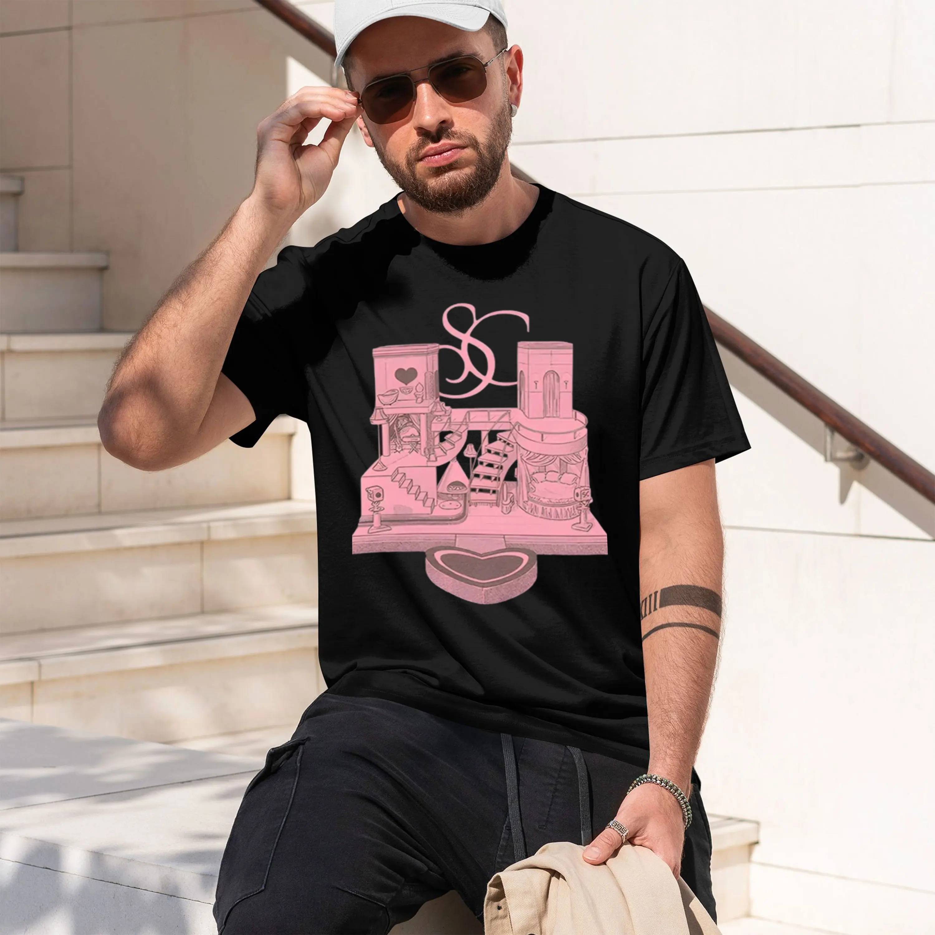 Romant Pink Castle Design Men's T-Shirt He And Tower Theme For Valentine's Day Or Occasions Gift For Him 2026 New Model Short-sl
