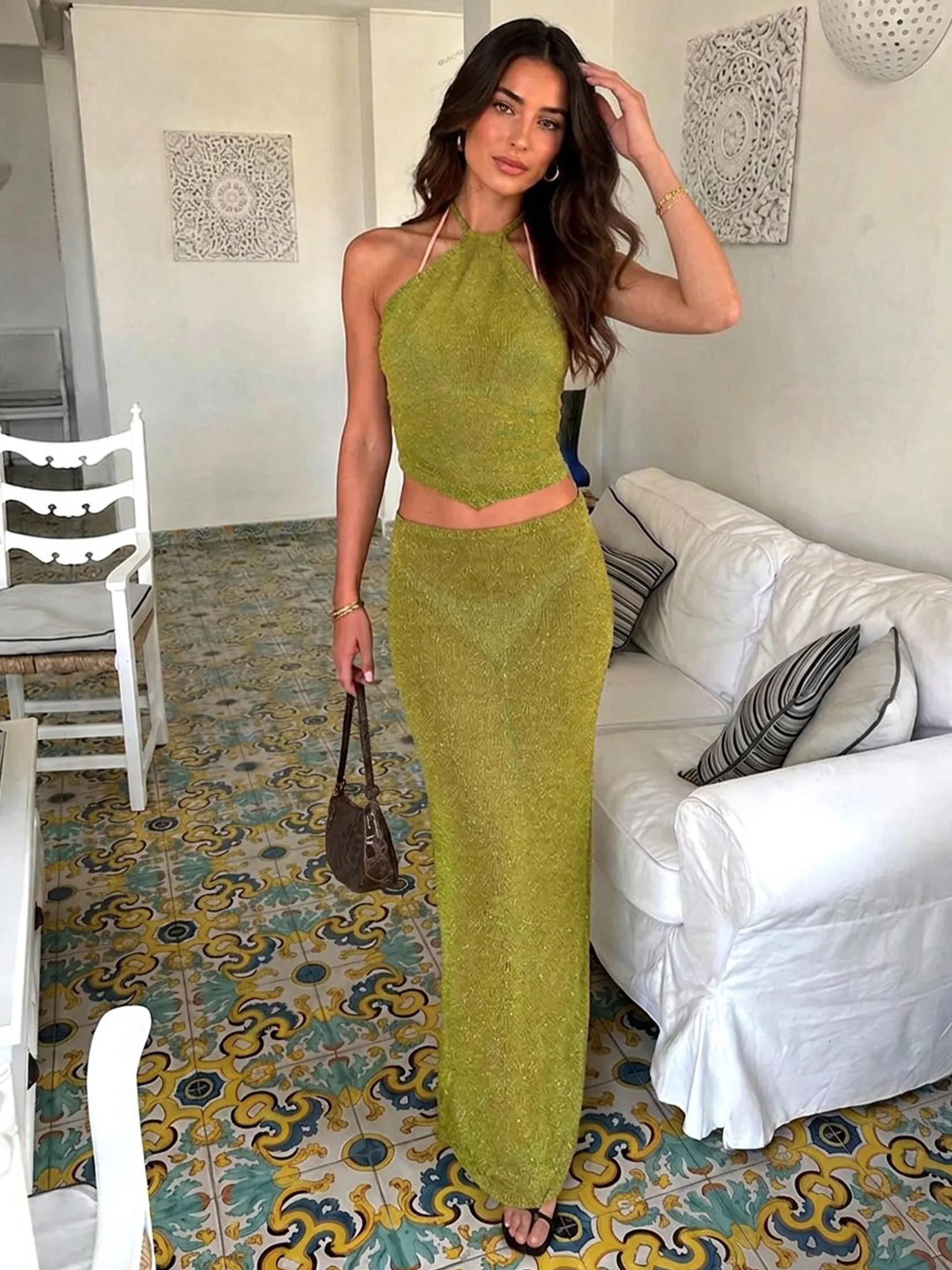 2026 Women's Glitter Green Knit Two Piece Set Halter Asymmetric Crop Top and Low Waist Bodycon Maxi Skirt Party Beachwear C297