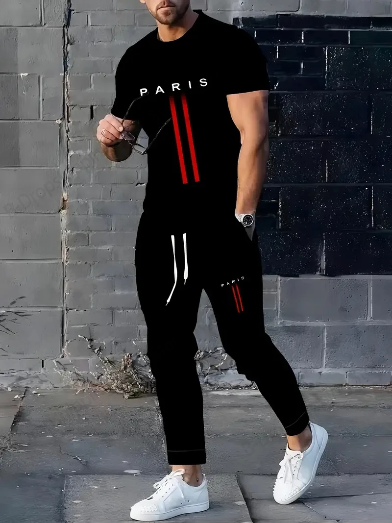 

Men's Letter Paris 3D Print Sets Men Fashion Short Sleeve T-shirt + Pant 2pcs Set Suits Street Outfit Mens Tracksuit Men Clothes