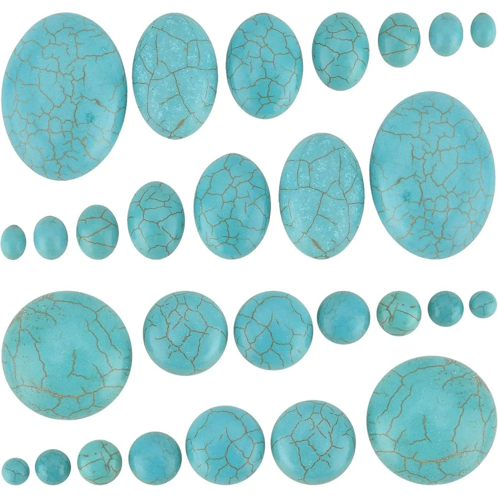 84pcs Synthetic Turquoise Stone Cabochons 7 Sizes Blue Texture Gemstone Tiles Oval Flat Round Dome Bead Stone Cabochon Tile