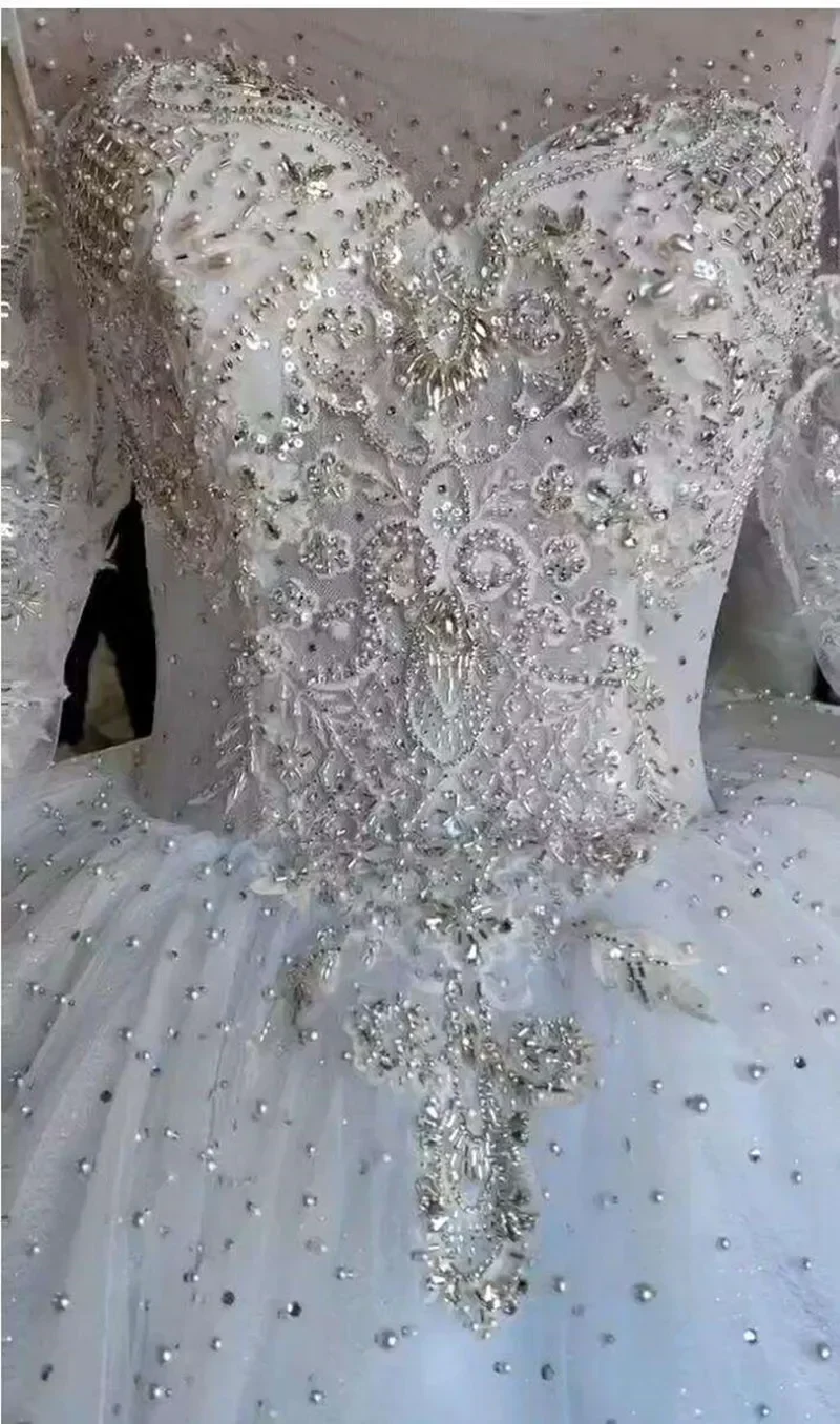 Customized  Shinny Crystals Beads Ballgown Wedding Dress Vestido De Casamento Corset Back Long Sleeves Bridal Gowns