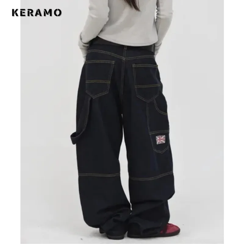 Women's Casual Retro Wide Leg Denim Trouser Harajuku Solid High Waist Loose Jeans American Vintage 2000s Baggy Emo Pants