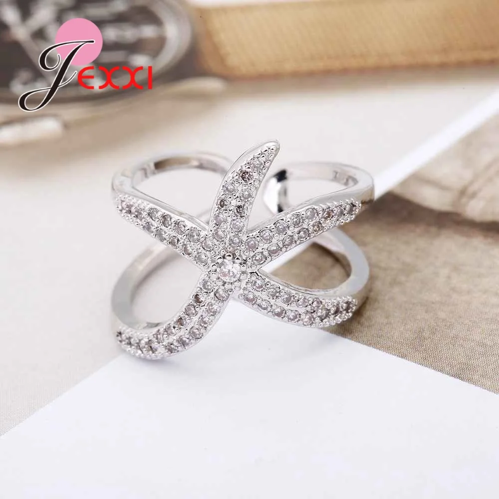 Big Starfish Unisex Women Wide Opend Band Rings 925 Sterling Silver  Paved White Shiny Crystlas Daily Accessory Adjustable